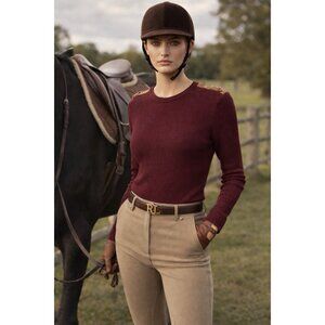 Lauren Ralph Laren Leather Trim Ribbed Red Top Sweater Sz S Equestrian Old Money